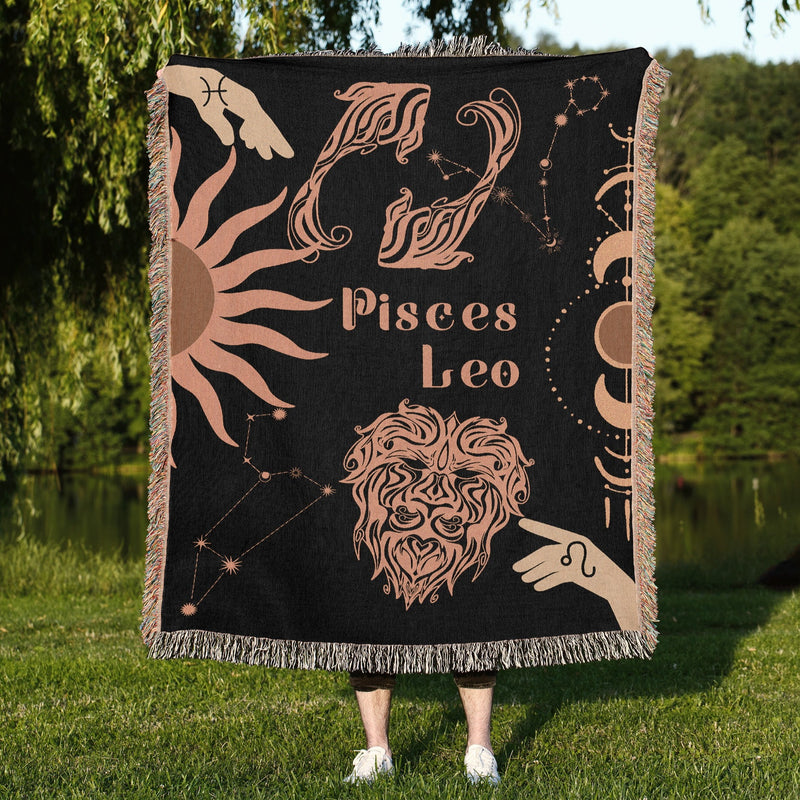 Leo and Pisces Zodiac Compatibility Woven Throw Tapestry - Elevate home decor with this boho-inspired, celestial charm blanket. Perfect for astrology enthusiasts, featuring Leo and Pisces sun signs, adding unique, artistic flair to your living space. Premium cotton, cozy, and decorative.