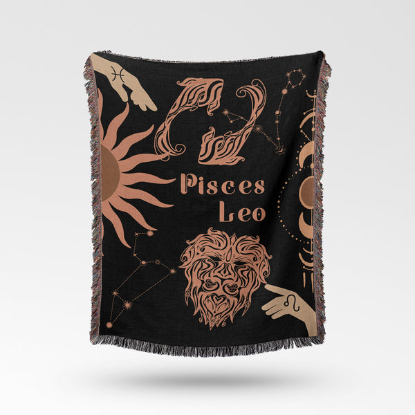 Leo and Pisces Zodiac Compatibility Woven Throw Tapestry - Elevate home decor with this boho-inspired, celestial charm blanket. Perfect for astrology enthusiasts, featuring Leo and Pisces sun signs, adding unique, artistic flair to your living space. Premium cotton, cozy, and decorative.