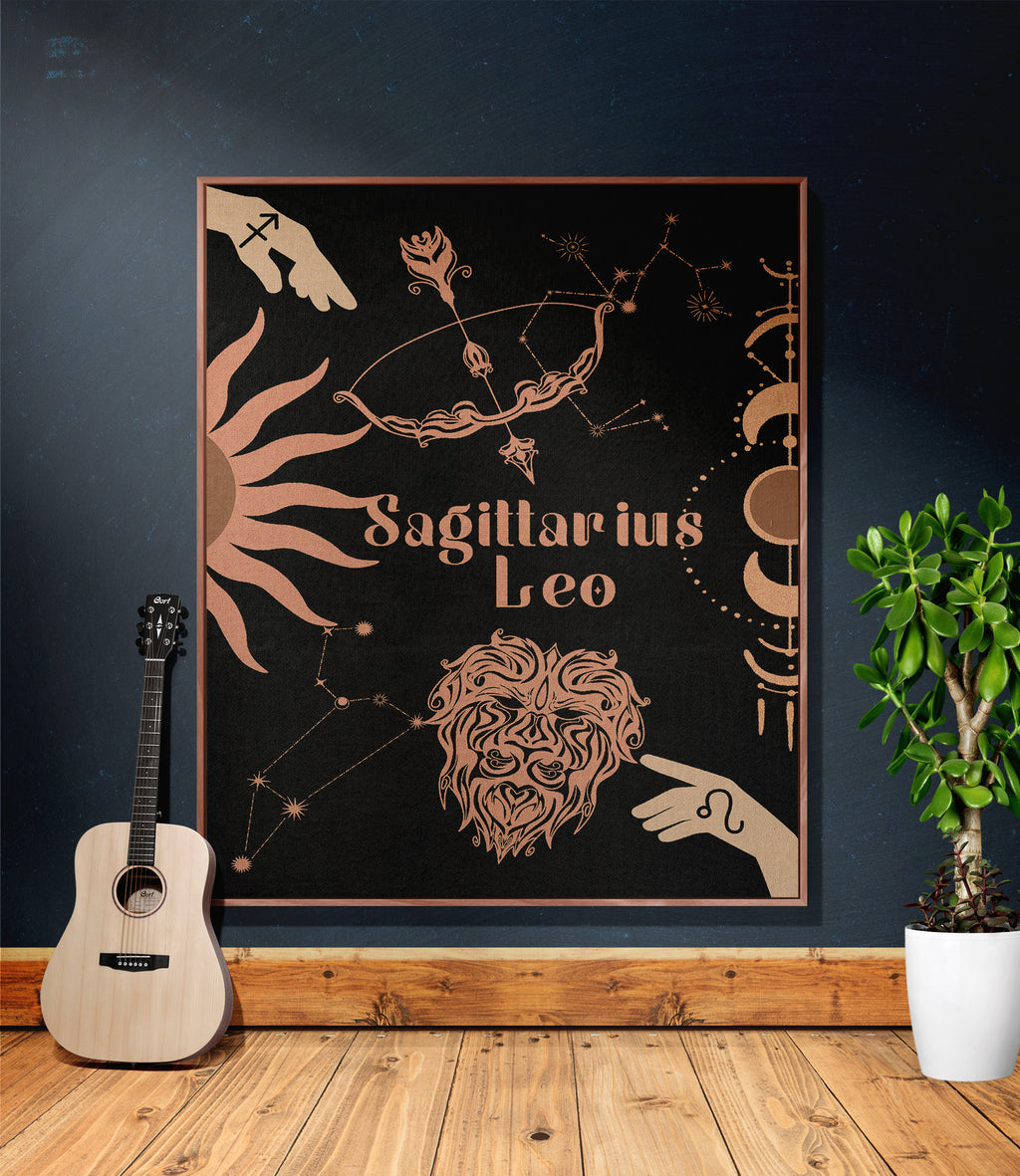 Leo and Sagittarius Zodiac Compatibility Woven Throw Tapestry - Elevate home decor with this boho-inspired, celestial charm blanket. Perfect for astrology enthusiasts, featuring Leo and Sagittarius sun signs, adding unique, artistic flair to your living space. Premium cotton, cozy, and decorative.