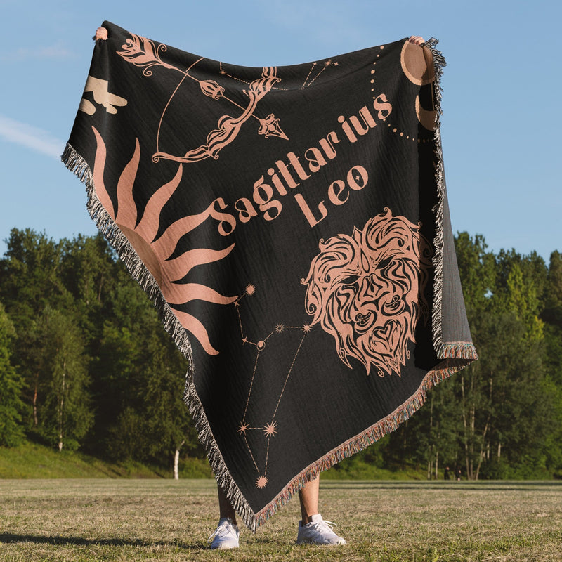 Leo and Sagittarius Zodiac Compatibility Woven Throw Tapestry - Elevate home decor with this boho-inspired, celestial charm blanket. Perfect for astrology enthusiasts, featuring Leo and Sagittarius sun signs, adding unique, artistic flair to your living space. Premium cotton, cozy, and decorative.