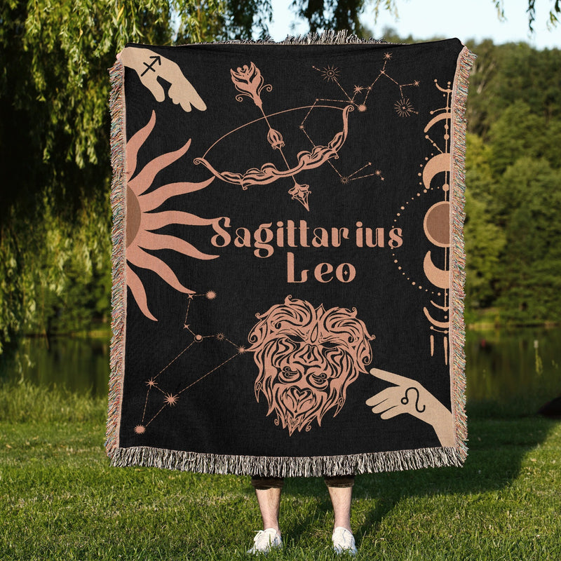 Leo and Sagittarius Zodiac Compatibility Woven Throw Tapestry - Elevate home decor with this boho-inspired, celestial charm blanket. Perfect for astrology enthusiasts, featuring Leo and Sagittarius sun signs, adding unique, artistic flair to your living space. Premium cotton, cozy, and decorative.