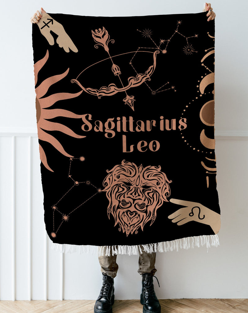 Leo and Sagittarius Zodiac Compatibility Woven Throw Tapestry - Elevate home decor with this boho-inspired, celestial charm blanket. Perfect for astrology enthusiasts, featuring Leo and Sagittarius sun signs, adding unique, artistic flair to your living space. Premium cotton, cozy, and decorative.