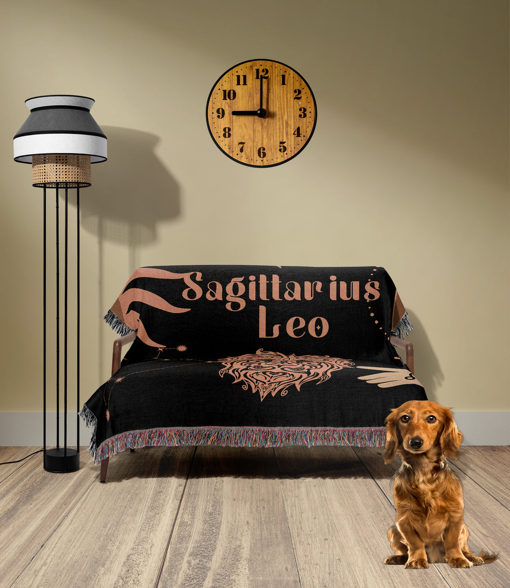 Leo and Sagittarius Zodiac Compatibility Woven Throw Tapestry - Elevate home decor with this boho-inspired, celestial charm blanket. Perfect for astrology enthusiasts, featuring Leo and Sagittarius sun signs, adding unique, artistic flair to your living space. Premium cotton, cozy, and decorative.