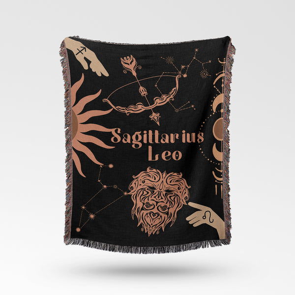 Leo and Sagittarius Zodiac Compatibility Woven Throw Tapestry - Elevate home decor with this boho-inspired, celestial charm blanket. Perfect for astrology enthusiasts, featuring Leo and Sagittarius sun signs, adding unique, artistic flair to your living space. Premium cotton, cozy, and decorative.