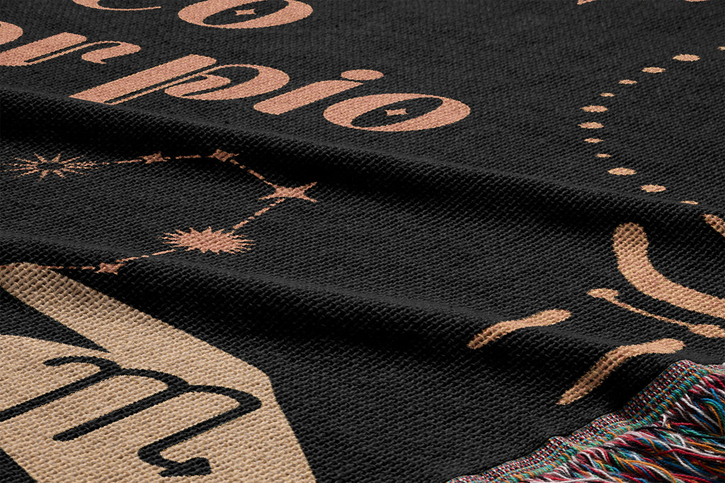 Leo and Scorpio Zodiac Compatibility Woven Throw Tapestry - Elevate home decor with this boho-inspired, celestial charm blanket. Perfect for astrology enthusiasts, featuring Leo and Scorpio sun signs, adding unique, artistic flair to your living space. Premium cotton, cozy, and decorative.