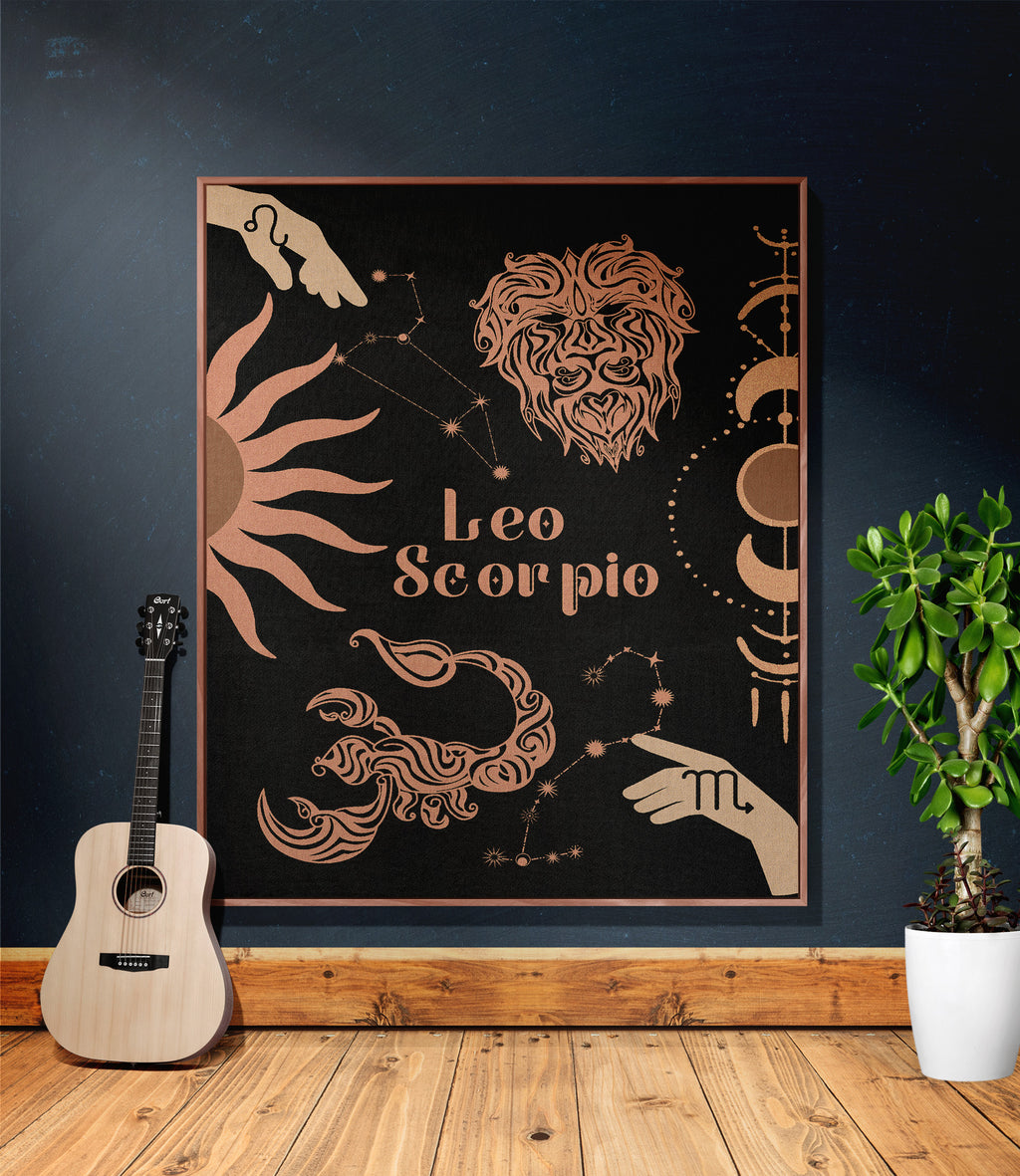 Leo and Scorpio Zodiac Compatibility Woven Throw Tapestry - Elevate home decor with this boho-inspired, celestial charm blanket. Perfect for astrology enthusiasts, featuring Leo and Scorpio sun signs, adding unique, artistic flair to your living space. Premium cotton, cozy, and decorative.
