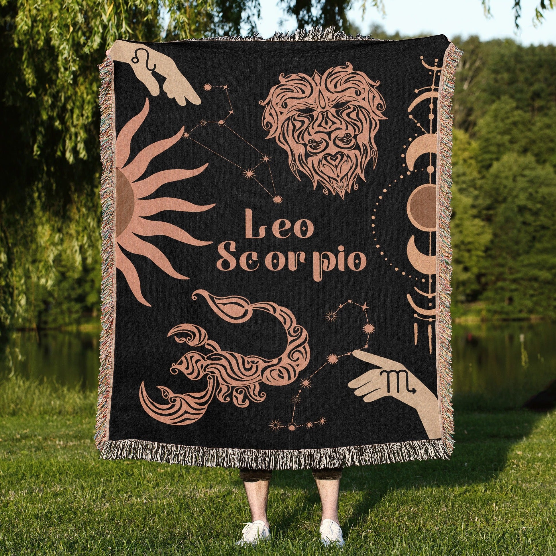 Leo and Scorpio Zodiac Compatibility Woven Throw Tapestry - Elevate home decor with this boho-inspired, celestial charm blanket. Perfect for astrology enthusiasts, featuring Leo and Scorpio sun signs, adding unique, artistic flair to your living space. Premium cotton, cozy, and decorative.