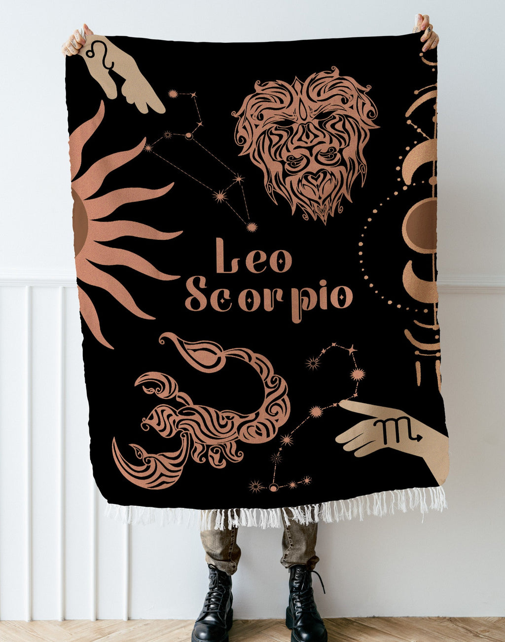 Leo and Scorpio Zodiac Compatibility Woven Throw Tapestry - Elevate home decor with this boho-inspired, celestial charm blanket. Perfect for astrology enthusiasts, featuring Leo and Scorpio sun signs, adding unique, artistic flair to your living space. Premium cotton, cozy, and decorative.