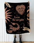 Leo and Scorpio Zodiac Compatibility Woven Throw Tapestry - Elevate home decor with this boho-inspired, celestial charm blanket. Perfect for astrology enthusiasts, featuring Leo and Scorpio sun signs, adding unique, artistic flair to your living space. Premium cotton, cozy, and decorative.