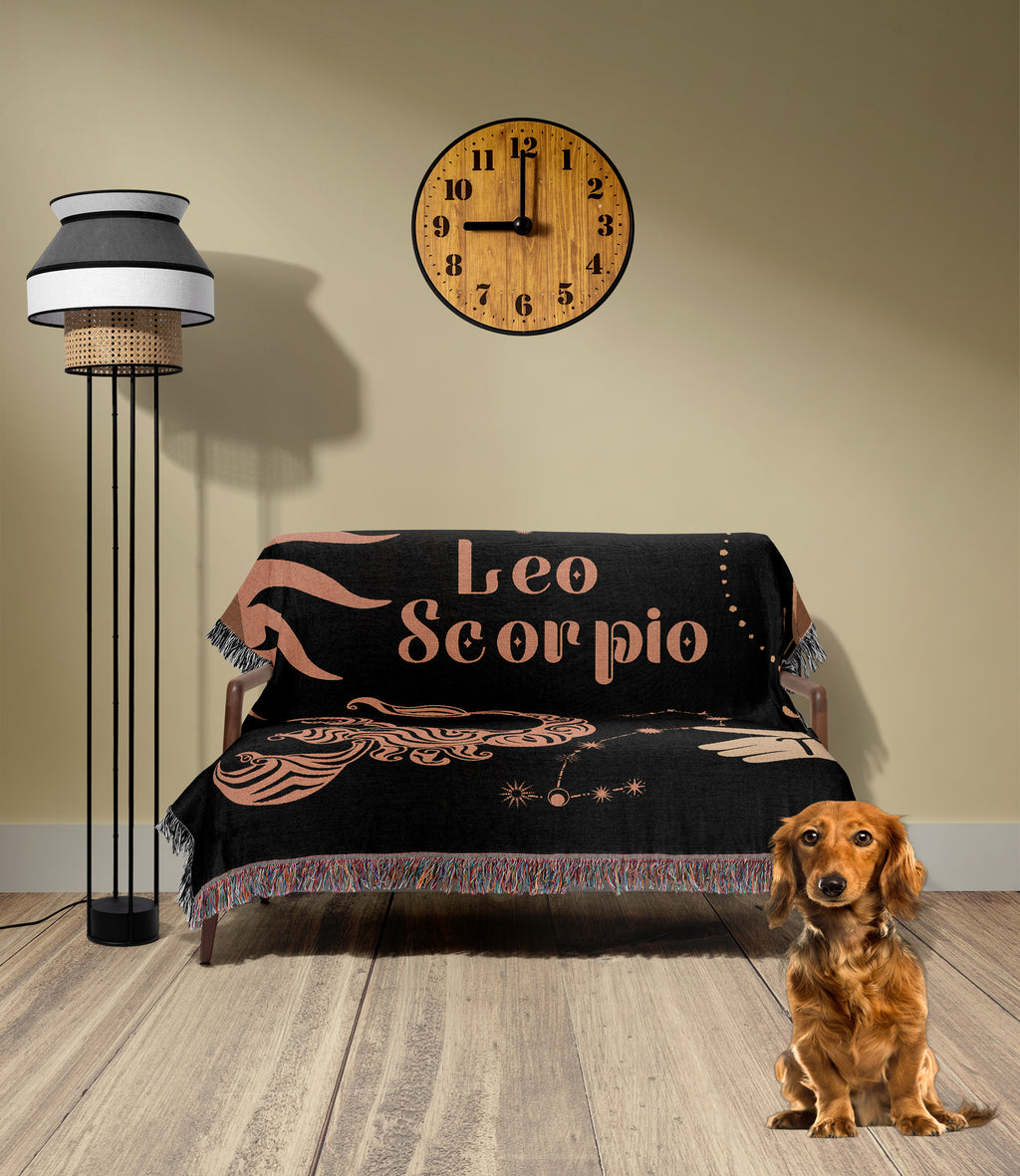 Leo and Scorpio Zodiac Compatibility Woven Throw Tapestry - Elevate home decor with this boho-inspired, celestial charm blanket. Perfect for astrology enthusiasts, featuring Leo and Scorpio sun signs, adding unique, artistic flair to your living space. Premium cotton, cozy, and decorative.