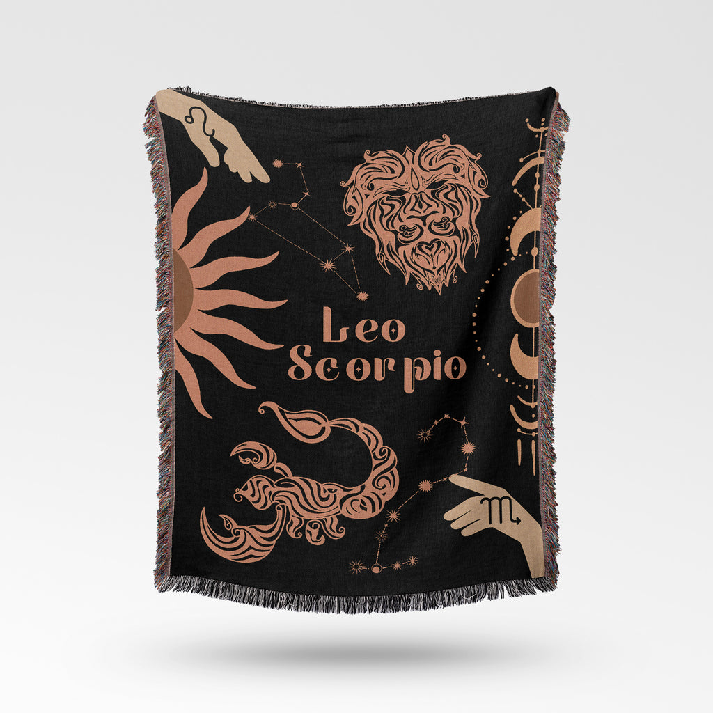 Leo and Scorpio Zodiac Compatibility Woven Throw Tapestry - Elevate home decor with this boho-inspired, celestial charm blanket. Perfect for astrology enthusiasts, featuring Leo and Scorpio sun signs, adding unique, artistic flair to your living space. Premium cotton, cozy, and decorative.
