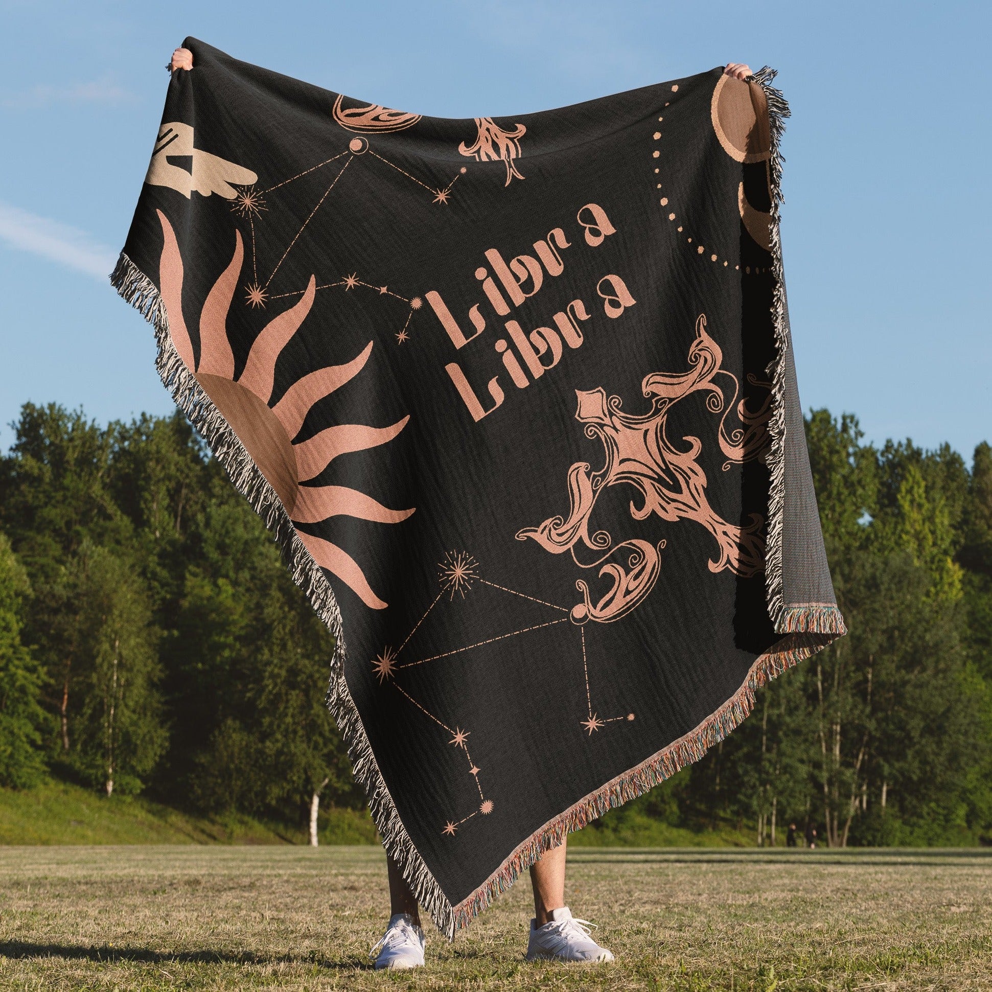 Libra and Libra Zodiac Compatibility Woven Throw Tapestry - Elevate home decor with this boho-inspired, celestial charm blanket. Perfect for astrology enthusiasts, featuring Libra and Libra sun signs, adding unique, artistic flair to your living space. Premium cotton, cozy, and decorative.