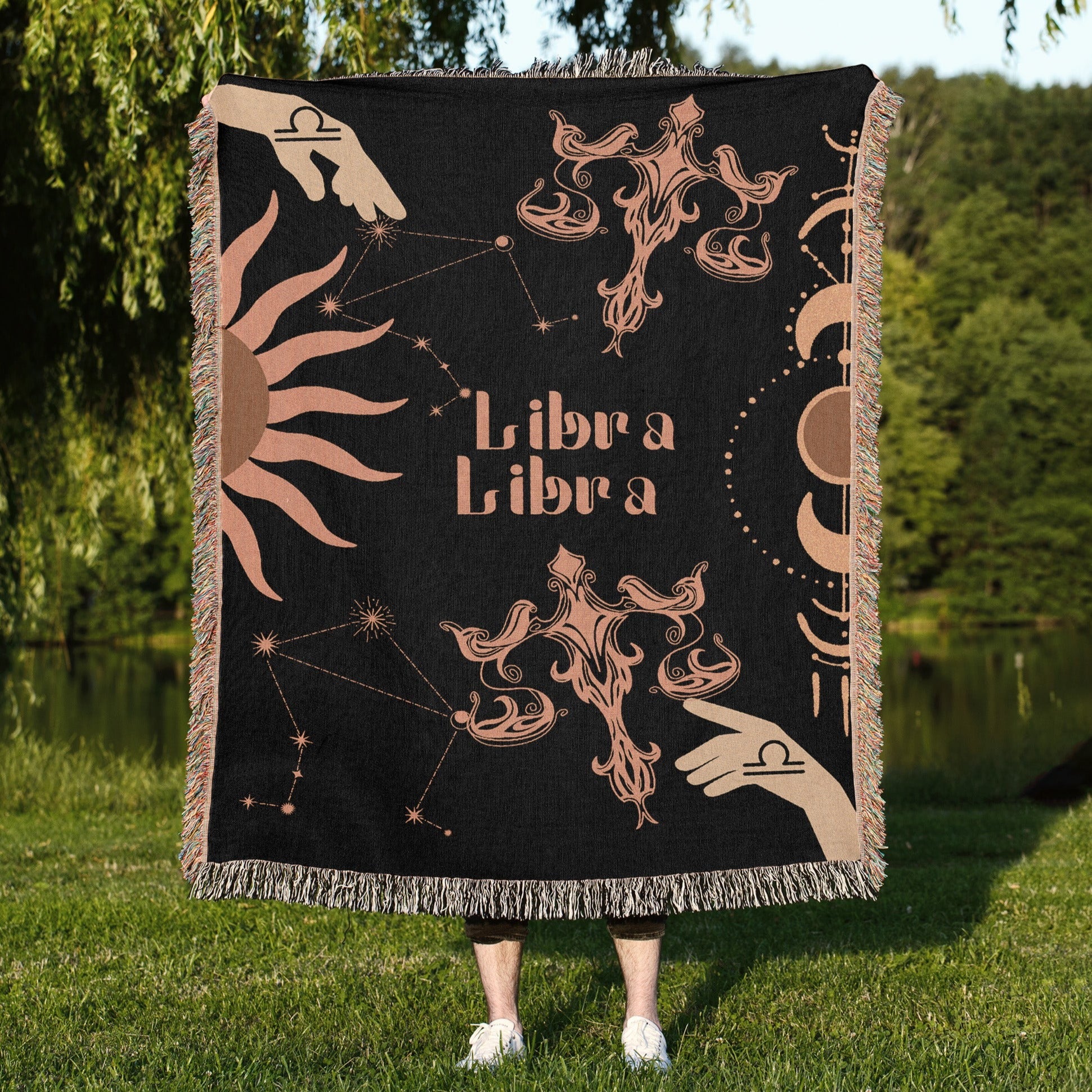 Libra and Libra Zodiac Compatibility Woven Throw Tapestry - Elevate home decor with this boho-inspired, celestial charm blanket. Perfect for astrology enthusiasts, featuring Libra and Libra sun signs, adding unique, artistic flair to your living space. Premium cotton, cozy, and decorative.