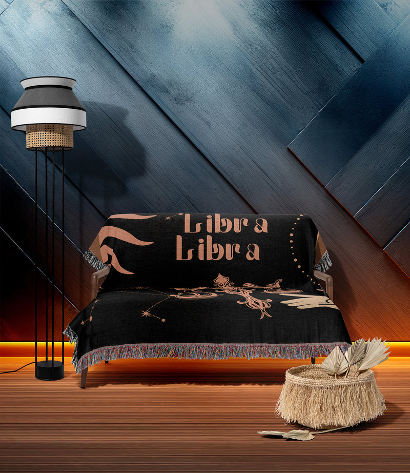 Libra and Libra Zodiac Compatibility Woven Throw Tapestry - Elevate home decor with this boho-inspired, celestial charm blanket. Perfect for astrology enthusiasts, featuring Libra and Libra sun signs, adding unique, artistic flair to your living space. Premium cotton, cozy, and decorative.