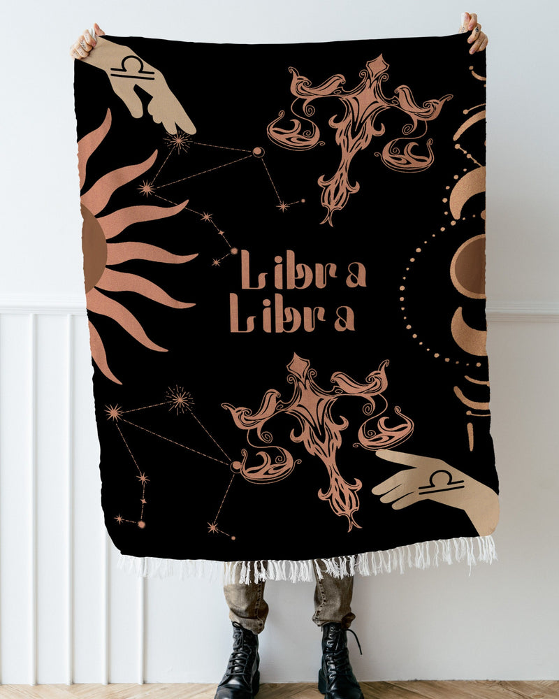 Libra and Libra Zodiac Compatibility Woven Throw Tapestry - Elevate home decor with this boho-inspired, celestial charm blanket. Perfect for astrology enthusiasts, featuring Libra and Libra sun signs, adding unique, artistic flair to your living space. Premium cotton, cozy, and decorative.