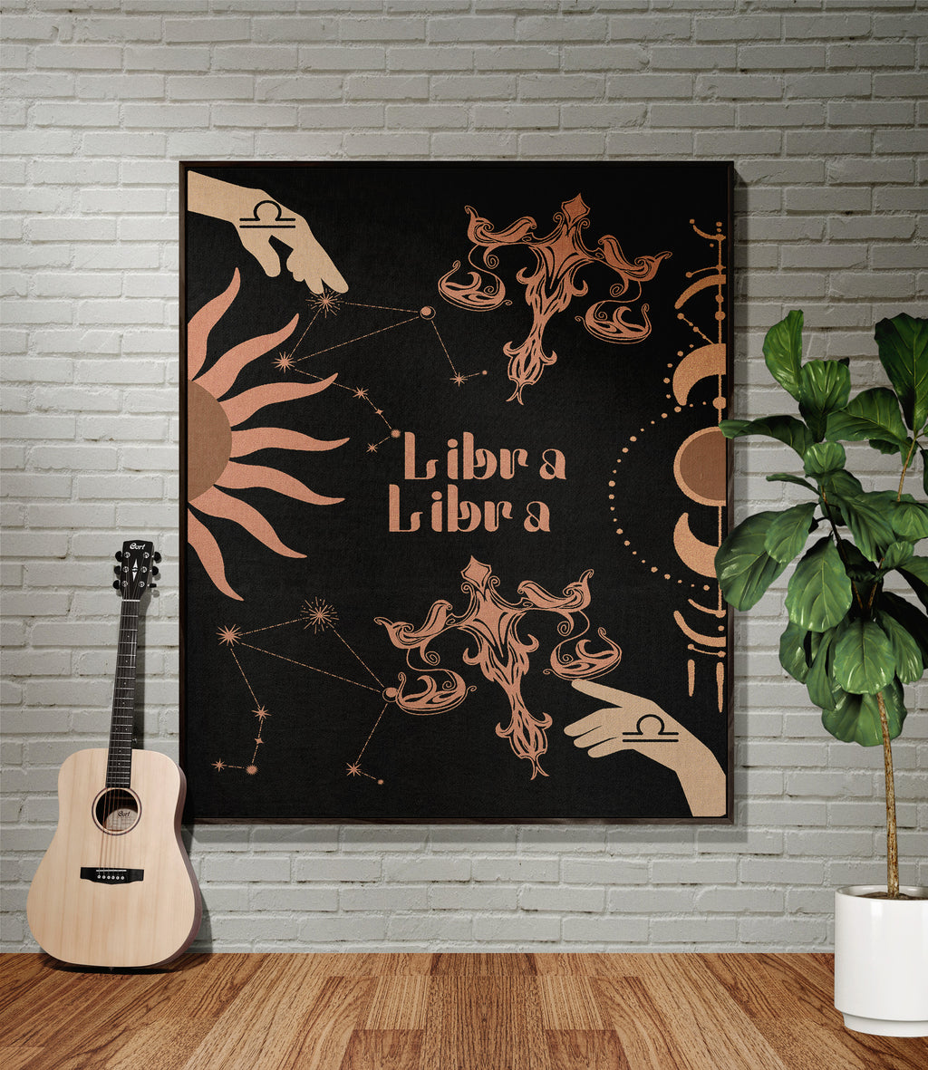 Libra and Libra Zodiac Compatibility Woven Throw Tapestry - Elevate home decor with this boho-inspired, celestial charm blanket. Perfect for astrology enthusiasts, featuring Libra and Libra sun signs, adding unique, artistic flair to your living space. Premium cotton, cozy, and decorative.