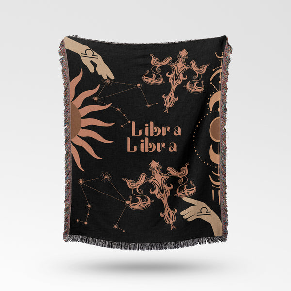 Libra and Libra Zodiac Compatibility Woven Throw Tapestry - Elevate home decor with this boho-inspired, celestial charm blanket. Perfect for astrology enthusiasts, featuring Libra and Libra sun signs, adding unique, artistic flair to your living space. Premium cotton, cozy, and decorative.