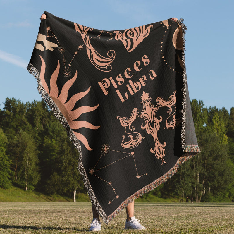 Libra and Pisces Zodiac Compatibility Woven Throw Tapestry - Elevate home decor with this boho-inspired, celestial charm blanket. Perfect for astrology enthusiasts, featuring Libra and Pisces sun signs, adding unique, artistic flair to your living space. Premium cotton, cozy, and decorative.