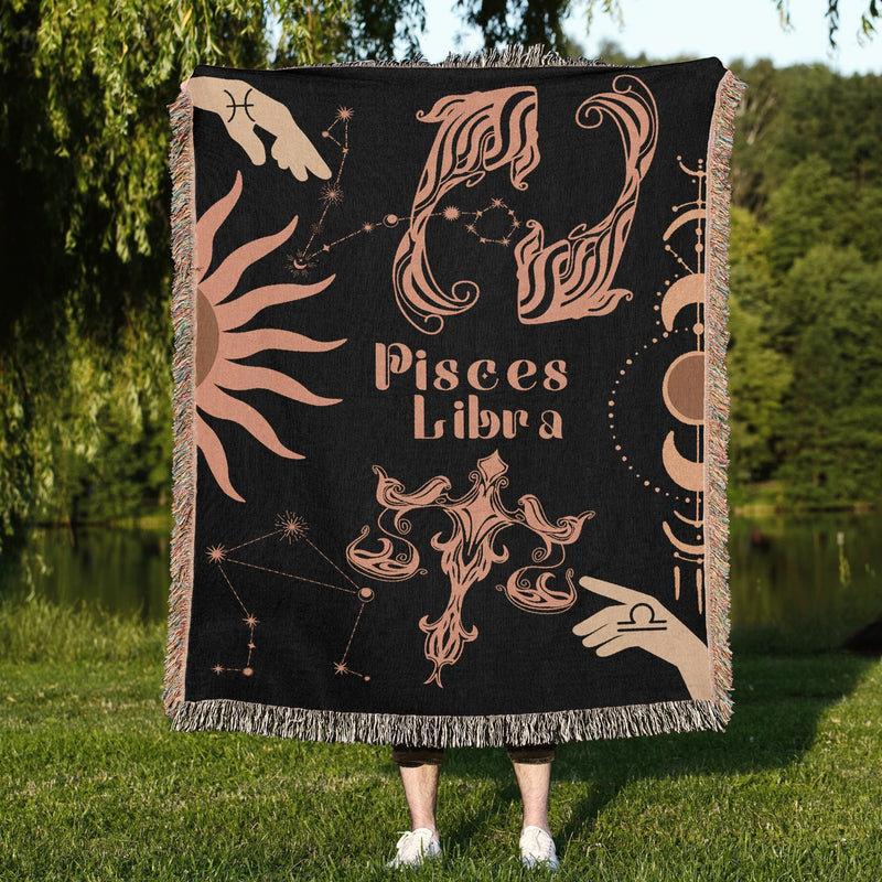 Libra and Pisces Zodiac Compatibility Woven Throw Tapestry - Elevate home decor with this boho-inspired, celestial charm blanket. Perfect for astrology enthusiasts, featuring Libra and Pisces sun signs, adding unique, artistic flair to your living space. Premium cotton, cozy, and decorative.