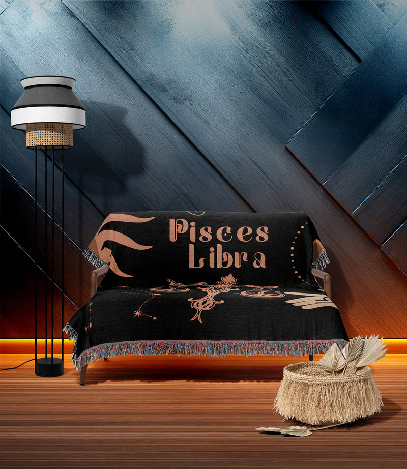 Libra and Pisces Zodiac Compatibility Woven Throw Tapestry - Elevate home decor with this boho-inspired, celestial charm blanket. Perfect for astrology enthusiasts, featuring Libra and Pisces sun signs, adding unique, artistic flair to your living space. Premium cotton, cozy, and decorative.