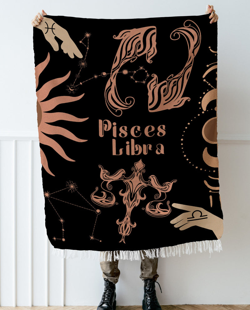 Libra and Pisces Zodiac Compatibility Woven Throw Tapestry - Elevate home decor with this boho-inspired, celestial charm blanket. Perfect for astrology enthusiasts, featuring Libra and Pisces sun signs, adding unique, artistic flair to your living space. Premium cotton, cozy, and decorative.