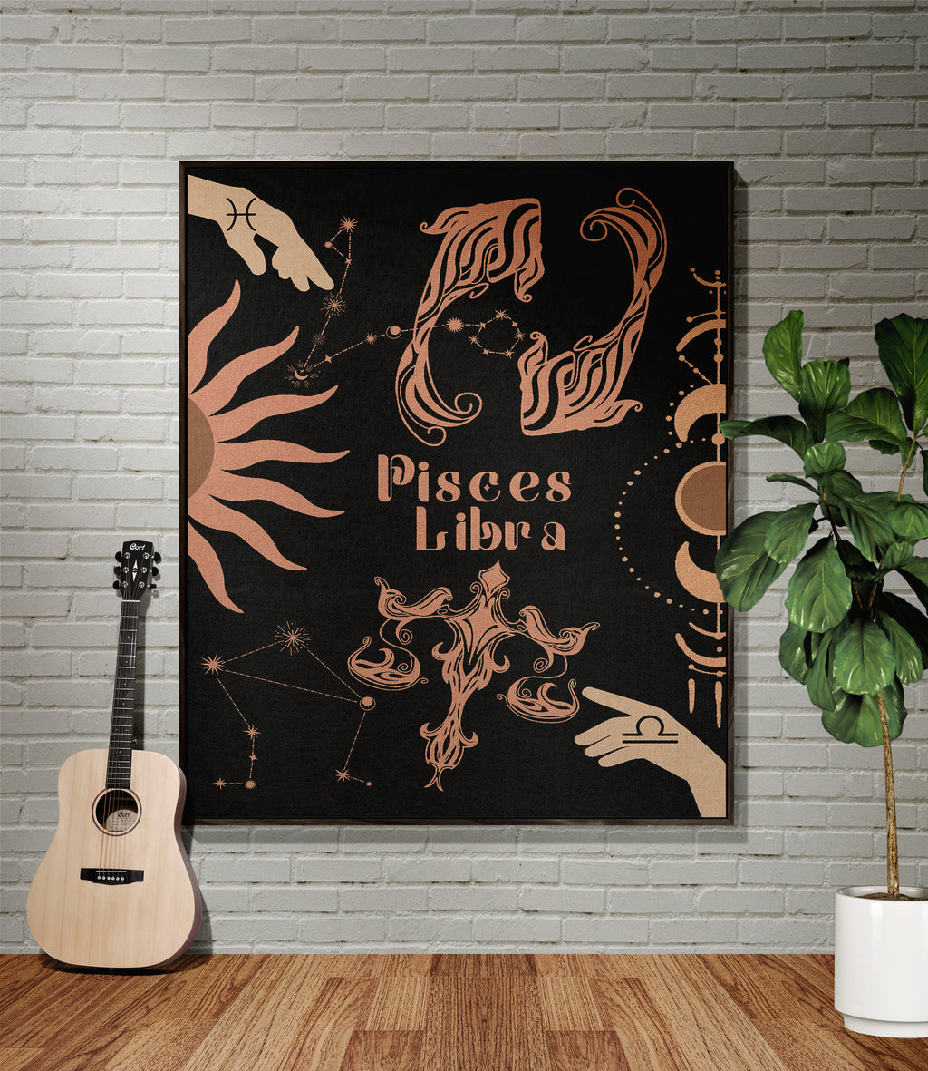 Libra and Pisces Zodiac Compatibility Woven Throw Tapestry - Elevate home decor with this boho-inspired, celestial charm blanket. Perfect for astrology enthusiasts, featuring Libra and Pisces sun signs, adding unique, artistic flair to your living space. Premium cotton, cozy, and decorative.