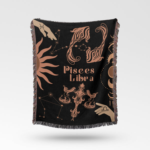 Libra and Pisces Zodiac Compatibility Woven Throw Tapestry - Elevate home decor with this boho-inspired, celestial charm blanket. Perfect for astrology enthusiasts, featuring Libra and Pisces sun signs, adding unique, artistic flair to your living space. Premium cotton, cozy, and decorative.