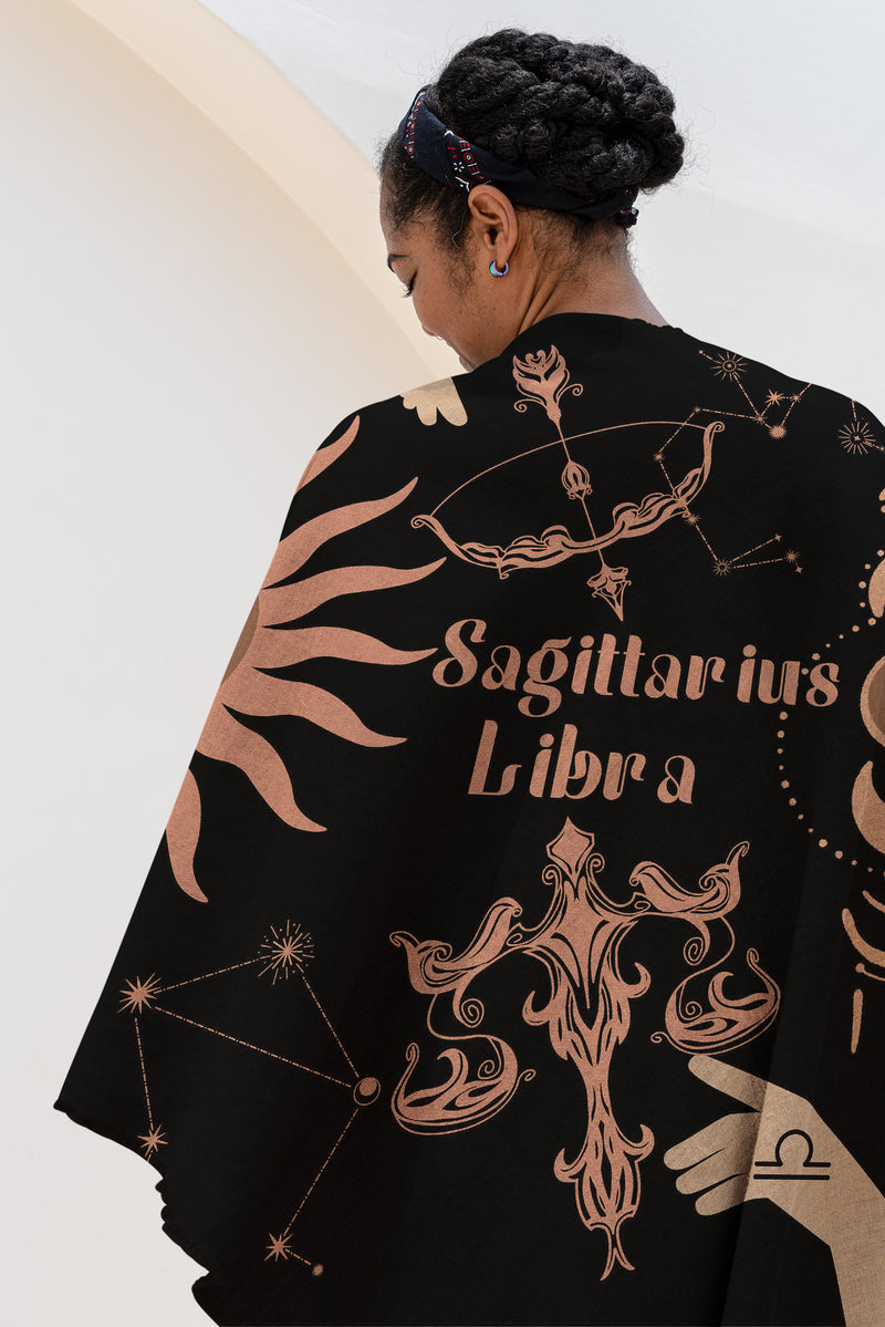 Libra and Sagittarius Zodiac Compatibility Woven Throw Tapestry - Elevate home decor with this boho-inspired, celestial charm blanket. Perfect for astrology enthusiasts, featuring Libra and Sagittarius sun signs, adding unique, artistic flair to your living space. Premium cotton, cozy, and decorative.