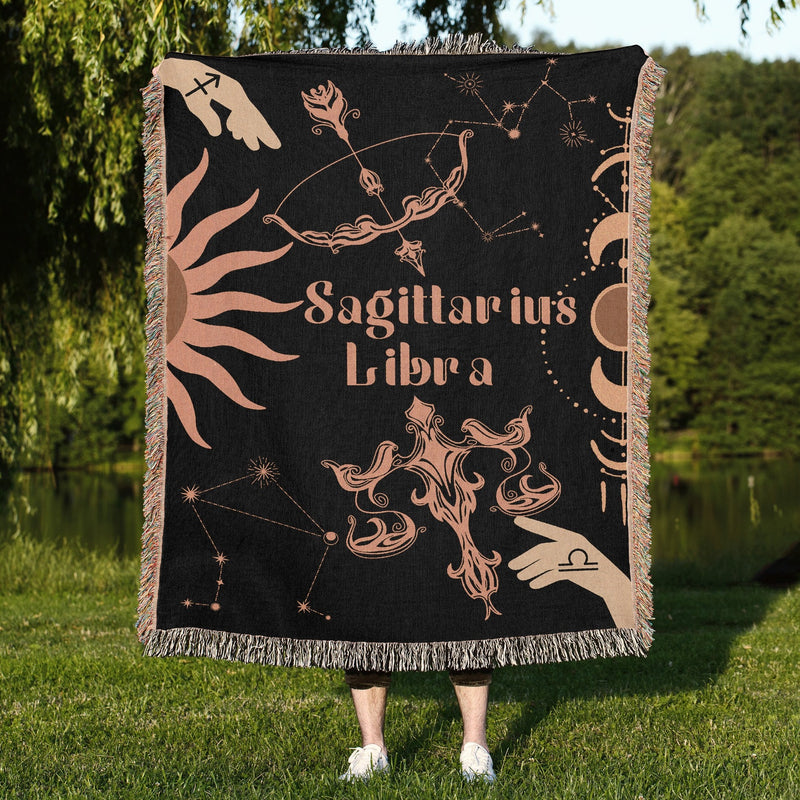 Libra and Sagittarius Zodiac Compatibility Woven Throw Tapestry - Elevate home decor with this boho-inspired, celestial charm blanket. Perfect for astrology enthusiasts, featuring Libra and Sagittarius sun signs, adding unique, artistic flair to your living space. Premium cotton, cozy, and decorative.