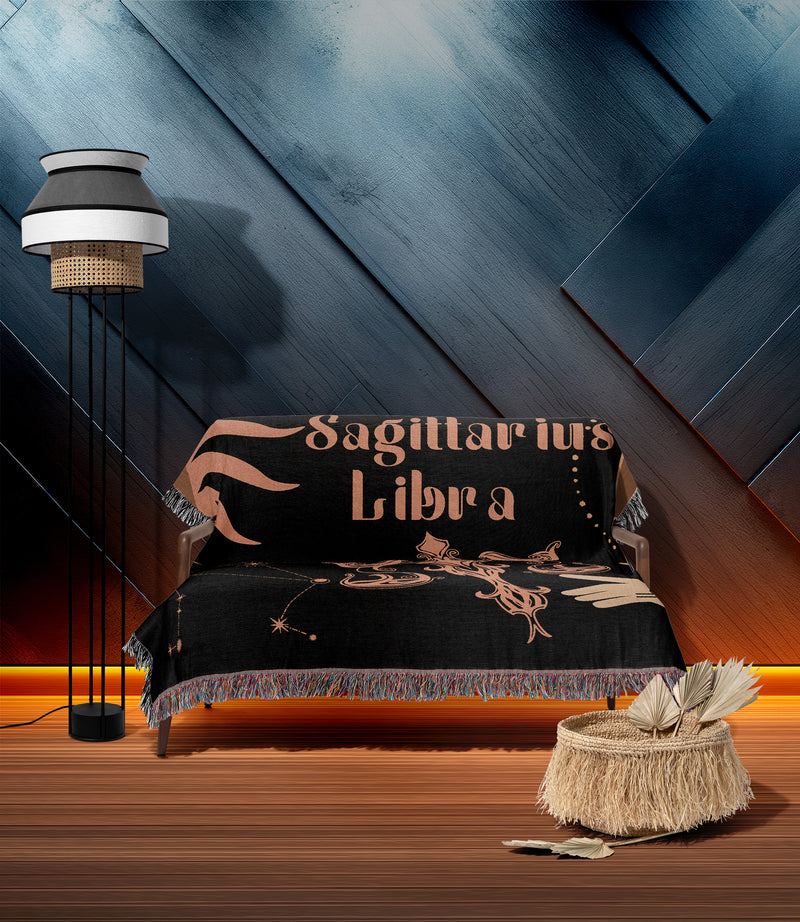 Libra and Sagittarius Zodiac Compatibility Woven Throw Tapestry - Elevate home decor with this boho-inspired, celestial charm blanket. Perfect for astrology enthusiasts, featuring Libra and Sagittarius sun signs, adding unique, artistic flair to your living space. Premium cotton, cozy, and decorative.