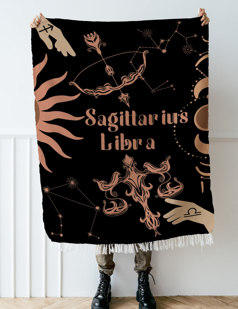 Libra and Sagittarius Zodiac Compatibility Woven Throw Tapestry - Elevate home decor with this boho-inspired, celestial charm blanket. Perfect for astrology enthusiasts, featuring Libra and Sagittarius sun signs, adding unique, artistic flair to your living space. Premium cotton, cozy, and decorative.