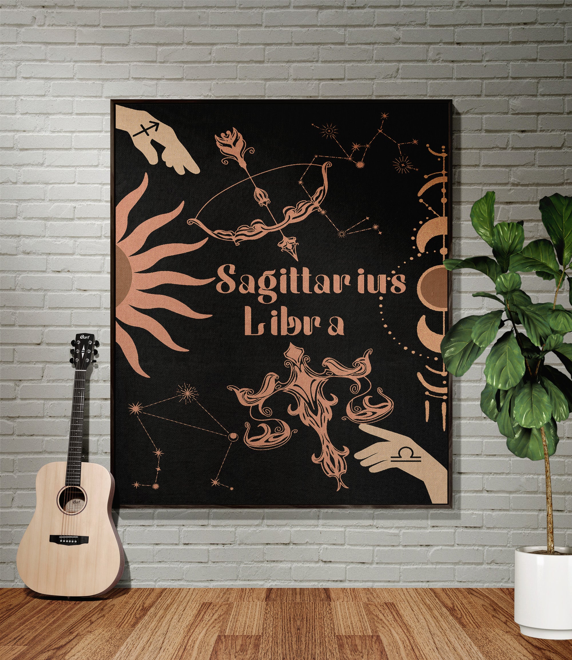 Libra and Sagittarius Zodiac Compatibility Woven Throw Tapestry - Elevate home decor with this boho-inspired, celestial charm blanket. Perfect for astrology enthusiasts, featuring Libra and Sagittarius sun signs, adding unique, artistic flair to your living space. Premium cotton, cozy, and decorative.