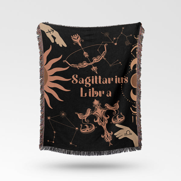 Libra and Sagittarius Zodiac Compatibility Woven Throw Tapestry - Elevate home decor with this boho-inspired, celestial charm blanket. Perfect for astrology enthusiasts, featuring Libra and Sagittarius sun signs, adding unique, artistic flair to your living space. Premium cotton, cozy, and decorative.