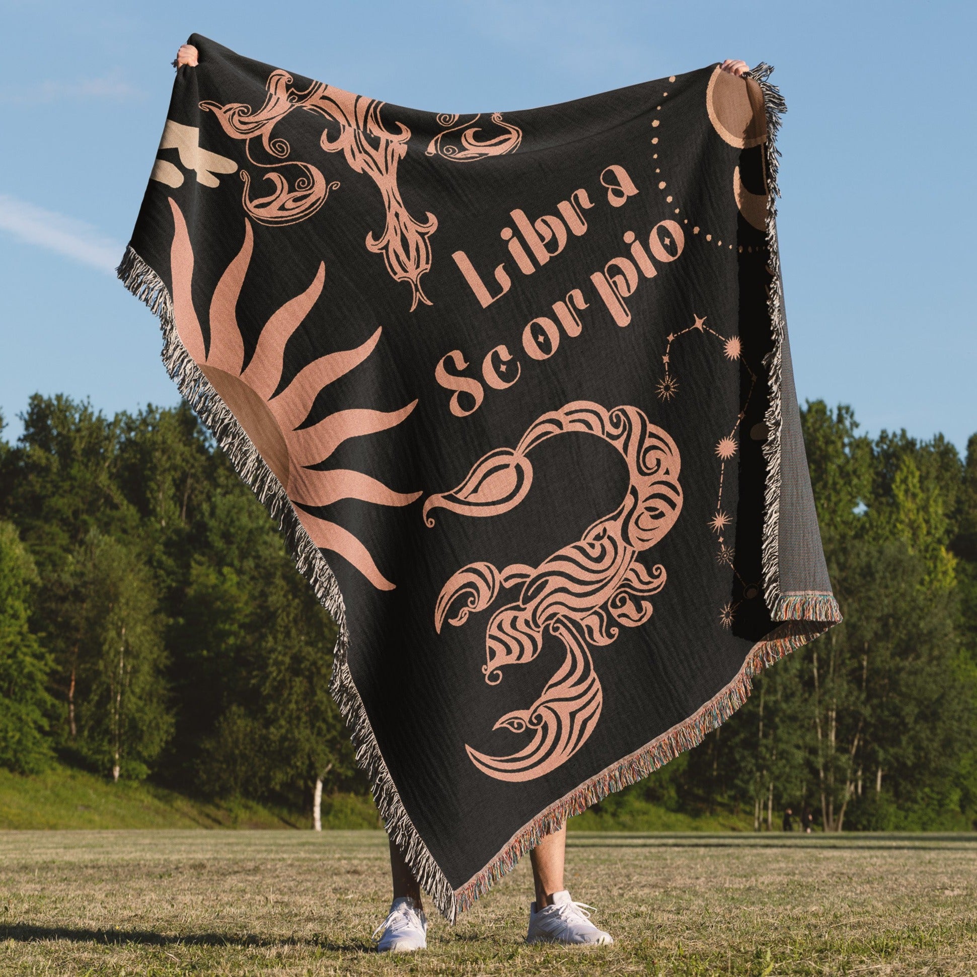 Libra and Scorpio Zodiac Compatibility Woven Throw Tapestry - Elevate home decor with this boho-inspired, celestial charm blanket. Perfect for astrology enthusiasts, featuring Libra and Scorpio sun signs, adding unique, artistic flair to your living space. Premium cotton, cozy, and decorative.