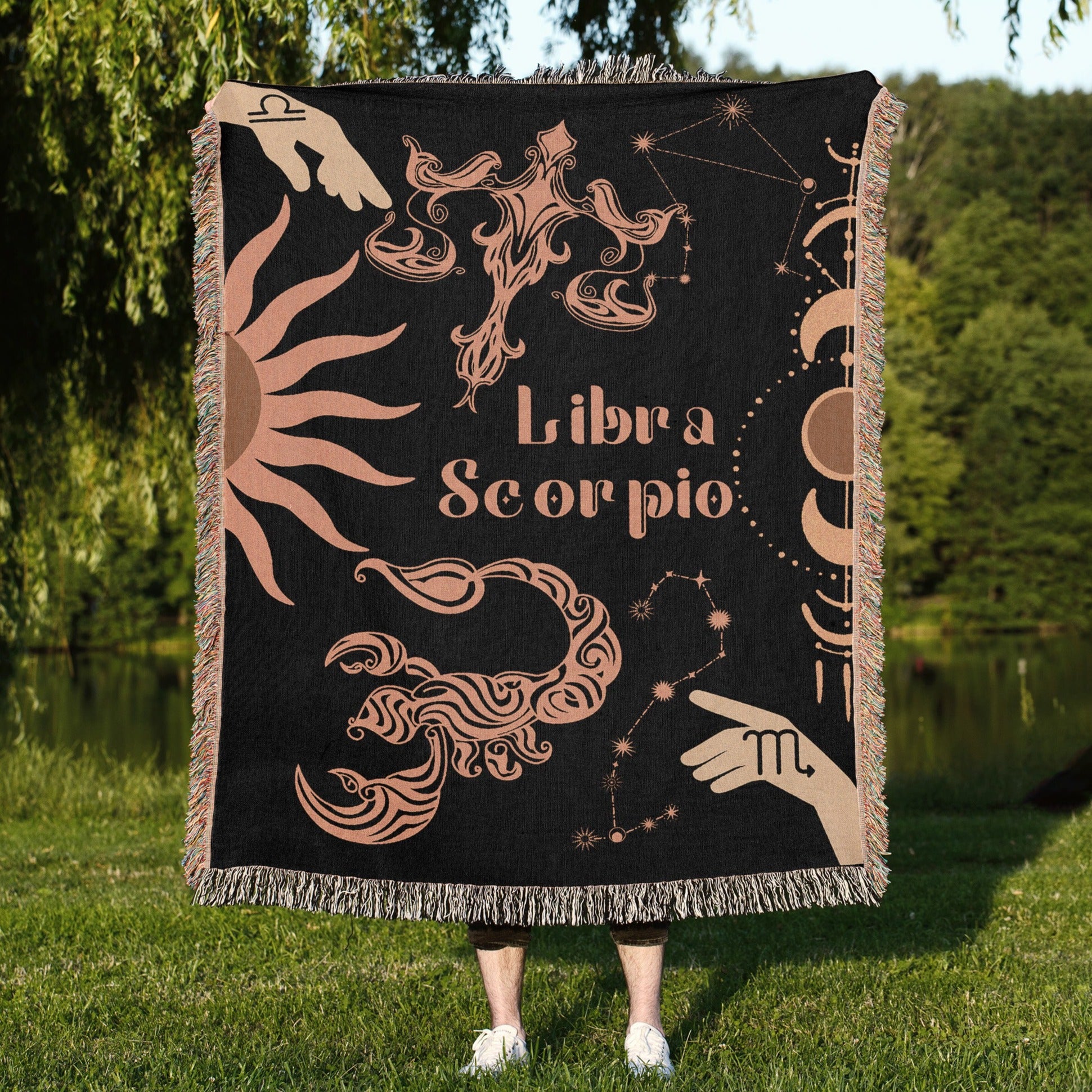 Libra and Scorpio Zodiac Compatibility Woven Throw Tapestry - Elevate home decor with this boho-inspired, celestial charm blanket. Perfect for astrology enthusiasts, featuring Libra and Scorpio sun signs, adding unique, artistic flair to your living space. Premium cotton, cozy, and decorative.
