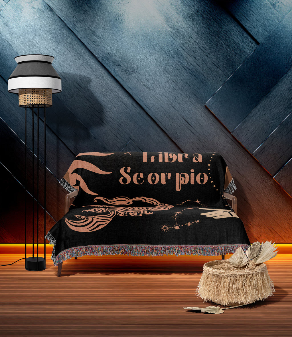 Libra and Scorpio Zodiac Compatibility Woven Throw Tapestry - Elevate home decor with this boho-inspired, celestial charm blanket. Perfect for astrology enthusiasts, featuring Libra and Scorpio sun signs, adding unique, artistic flair to your living space. Premium cotton, cozy, and decorative.