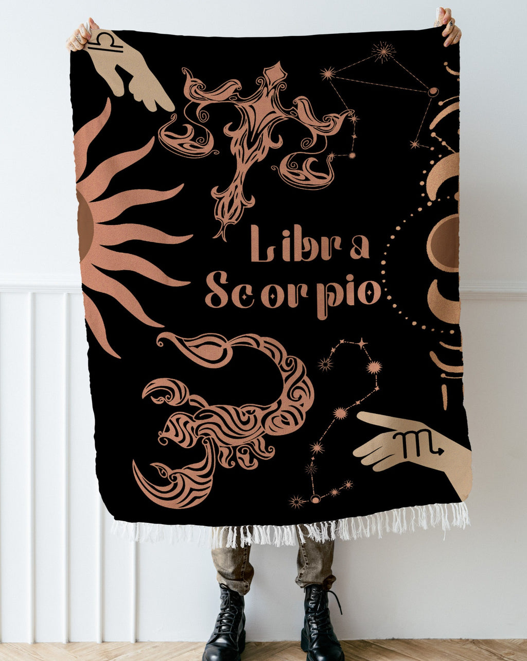 Libra and Scorpio Zodiac Compatibility Woven Throw Tapestry - Elevate home decor with this boho-inspired, celestial charm blanket. Perfect for astrology enthusiasts, featuring Libra and Scorpio sun signs, adding unique, artistic flair to your living space. Premium cotton, cozy, and decorative.