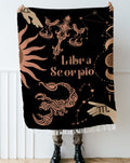 Libra and Scorpio Zodiac Compatibility Woven Throw Tapestry - Elevate home decor with this boho-inspired, celestial charm blanket. Perfect for astrology enthusiasts, featuring Libra and Scorpio sun signs, adding unique, artistic flair to your living space. Premium cotton, cozy, and decorative.