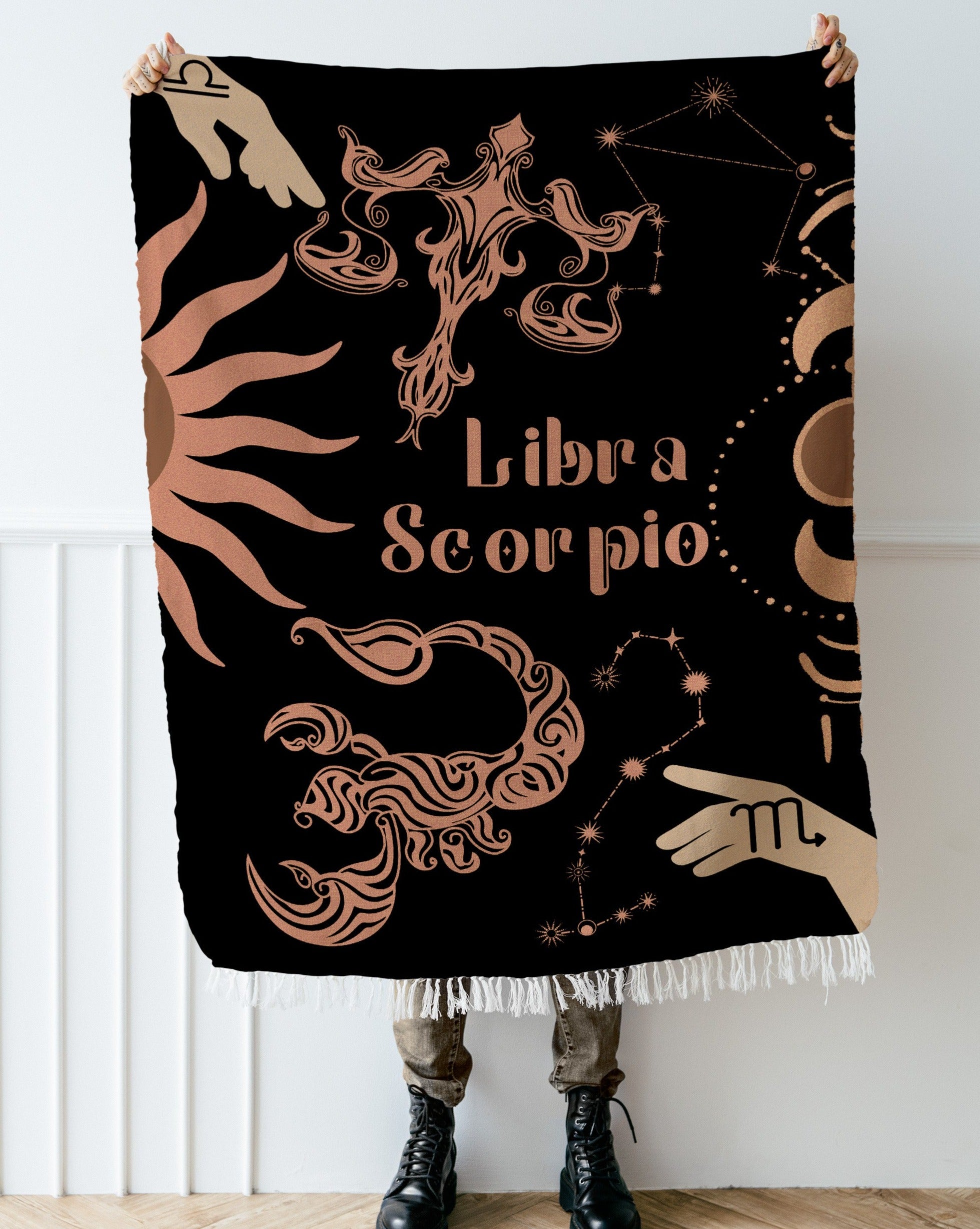 Libra and Scorpio Zodiac Compatibility Woven Throw Tapestry - Elevate home decor with this boho-inspired, celestial charm blanket. Perfect for astrology enthusiasts, featuring Libra and Scorpio sun signs, adding unique, artistic flair to your living space. Premium cotton, cozy, and decorative.