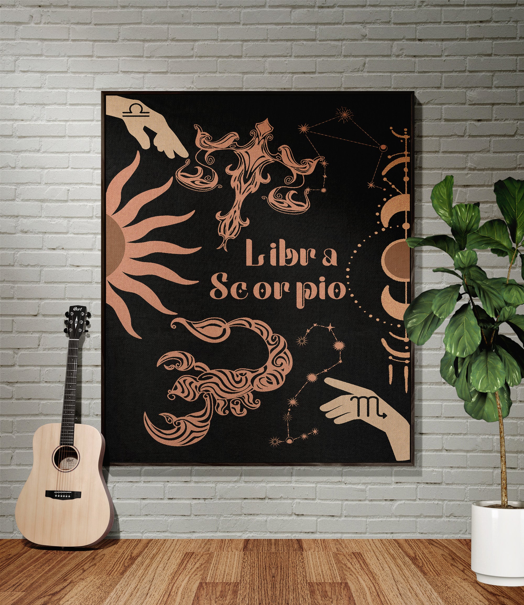 Libra and Scorpio Zodiac Compatibility Woven Throw Tapestry - Elevate home decor with this boho-inspired, celestial charm blanket. Perfect for astrology enthusiasts, featuring Libra and Scorpio sun signs, adding unique, artistic flair to your living space. Premium cotton, cozy, and decorative.