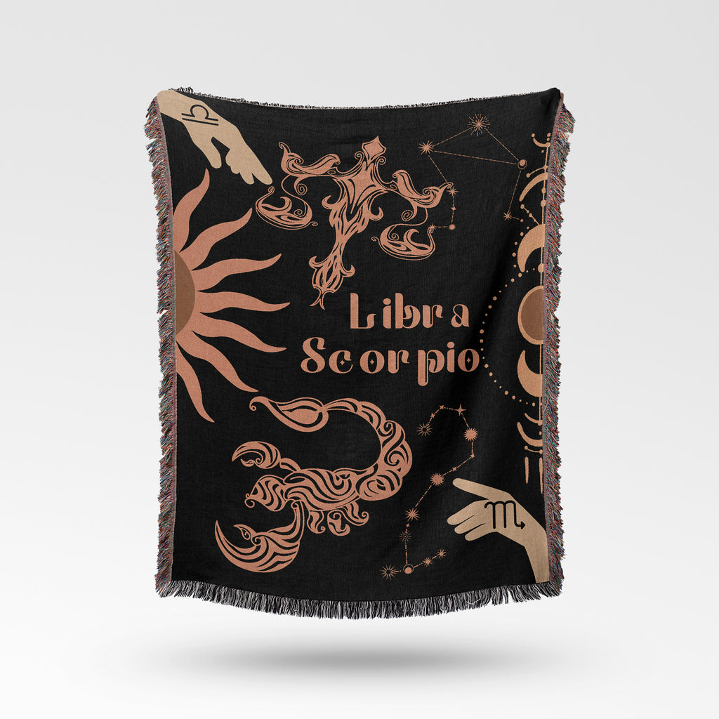 Libra and Scorpio Zodiac Compatibility Woven Throw Tapestry - Elevate home decor with this boho-inspired, celestial charm blanket. Perfect for astrology enthusiasts, featuring Libra and Scorpio sun signs, adding unique, artistic flair to your living space. Premium cotton, cozy, and decorative.