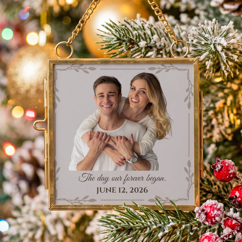 First Christmas Married Ornament – Personalized Double-Sided Photo Keepsake