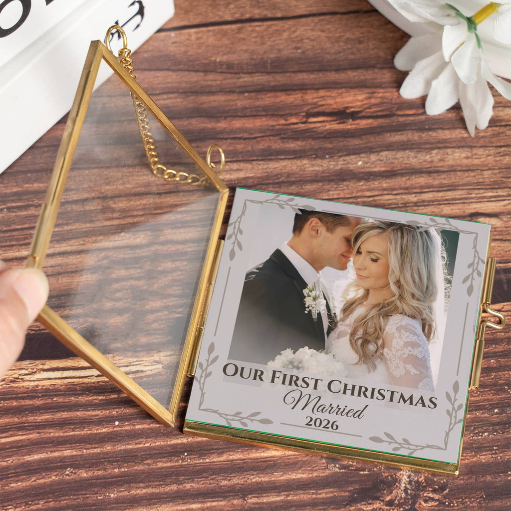 First Christmas Married Ornament – Personalized Double-Sided Photo Keepsake