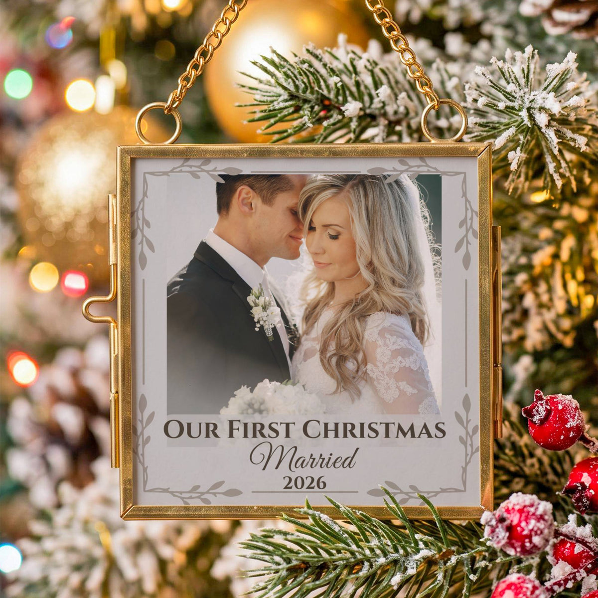 First Christmas Married Ornament – Personalized Double-Sided Photo Keepsake