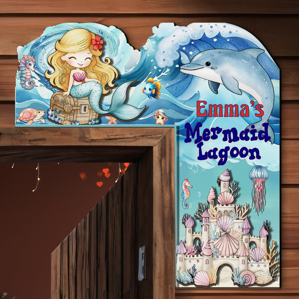 PERSONALIZED Wooden Door Corner | CUSTOM Door Topper Name Plate for KIDS | Single/Double Layer | 10” & 15” Sizes | Mermaid