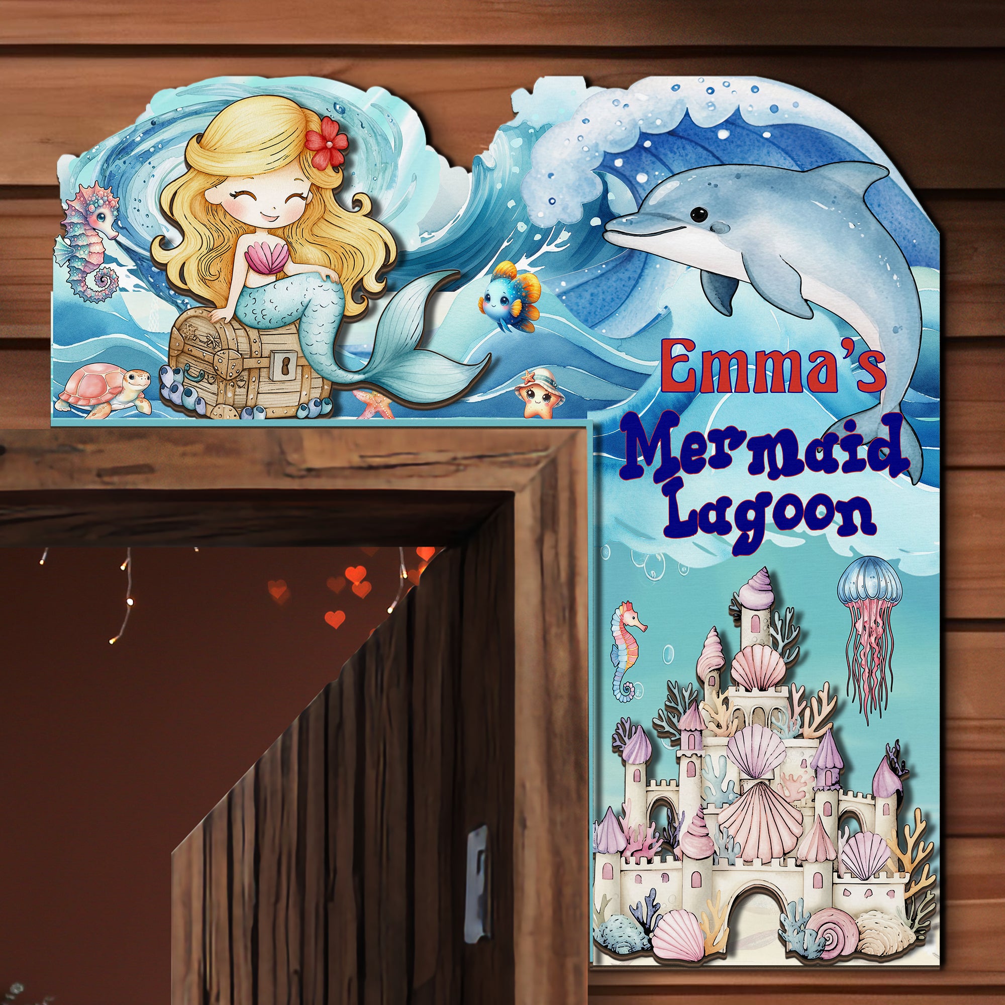 PERSONALIZED Wooden Door Corner | CUSTOM Door Topper Name Plate for KIDS | Single/Double Layer | 10” & 15” Sizes | Mermaid