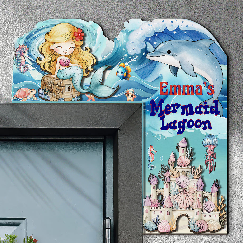 PERSONALIZED Wooden Door Corner | CUSTOM Door Topper Name Plate for KIDS | Single/Double Layer | 10” & 15” Sizes | Mermaid