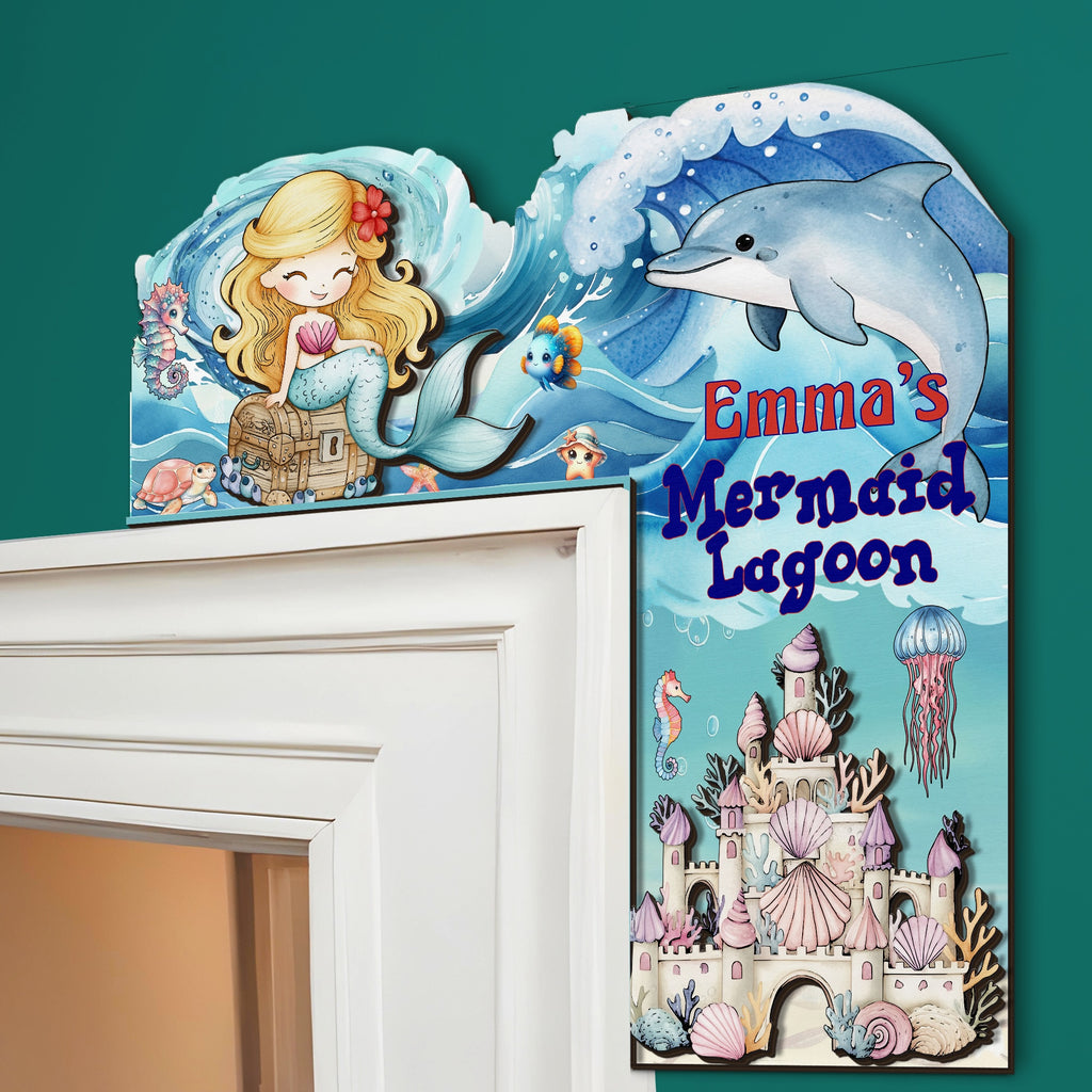PERSONALIZED Wooden Door Corner | CUSTOM Door Topper Name Plate for KIDS | Single/Double Layer | 10” & 15” Sizes | Mermaid