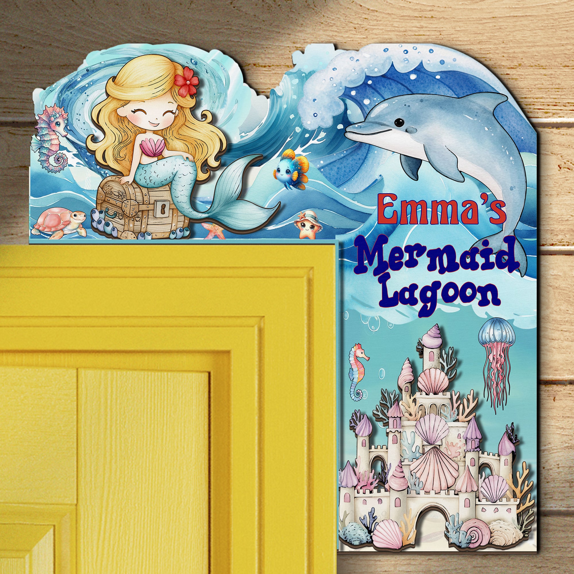 PERSONALIZED Wooden Door Corner | CUSTOM Door Topper Name Plate for KIDS | Single/Double Layer | 10” & 15” Sizes | Mermaid