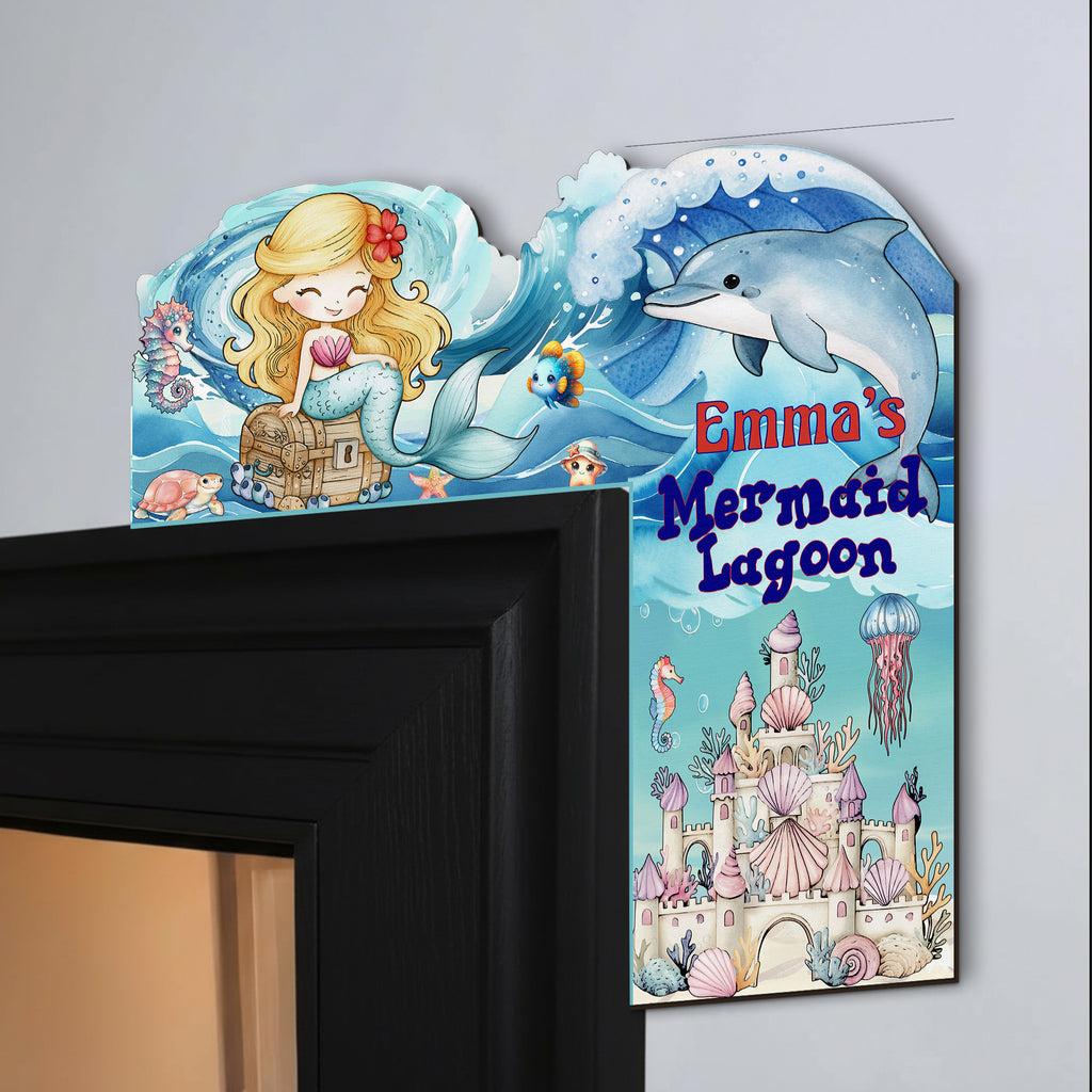 PERSONALIZED Wooden Door Corner | CUSTOM Door Topper Name Plate for KIDS | Single/Double Layer | 10” & 15” Sizes | Mermaid
